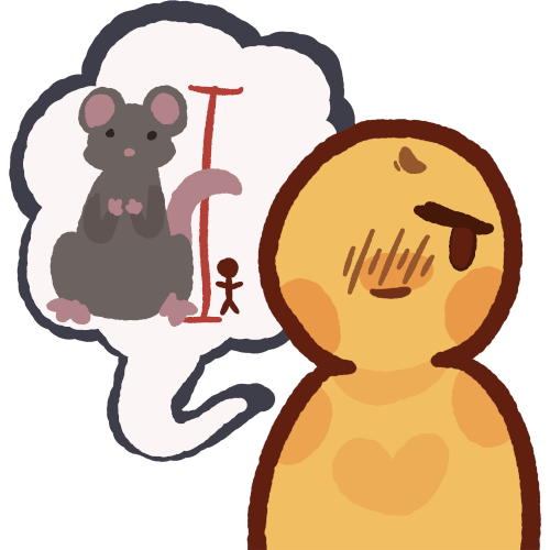 A simple yellow person with a worried/scared expression. A wobbly speech bubble is coming from them, there is a lineless mouse drawn to be unreasonably larger than a small figure , a red height scale emphasizes the height